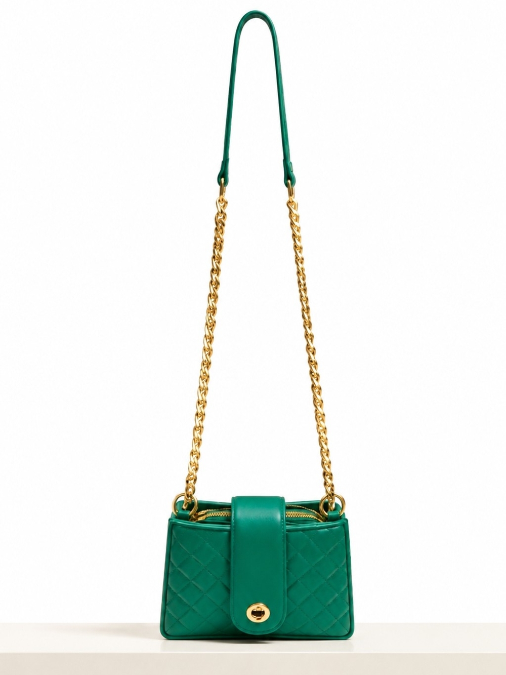Emerald Quilted Crossbody Bag with Gold Chain Strap